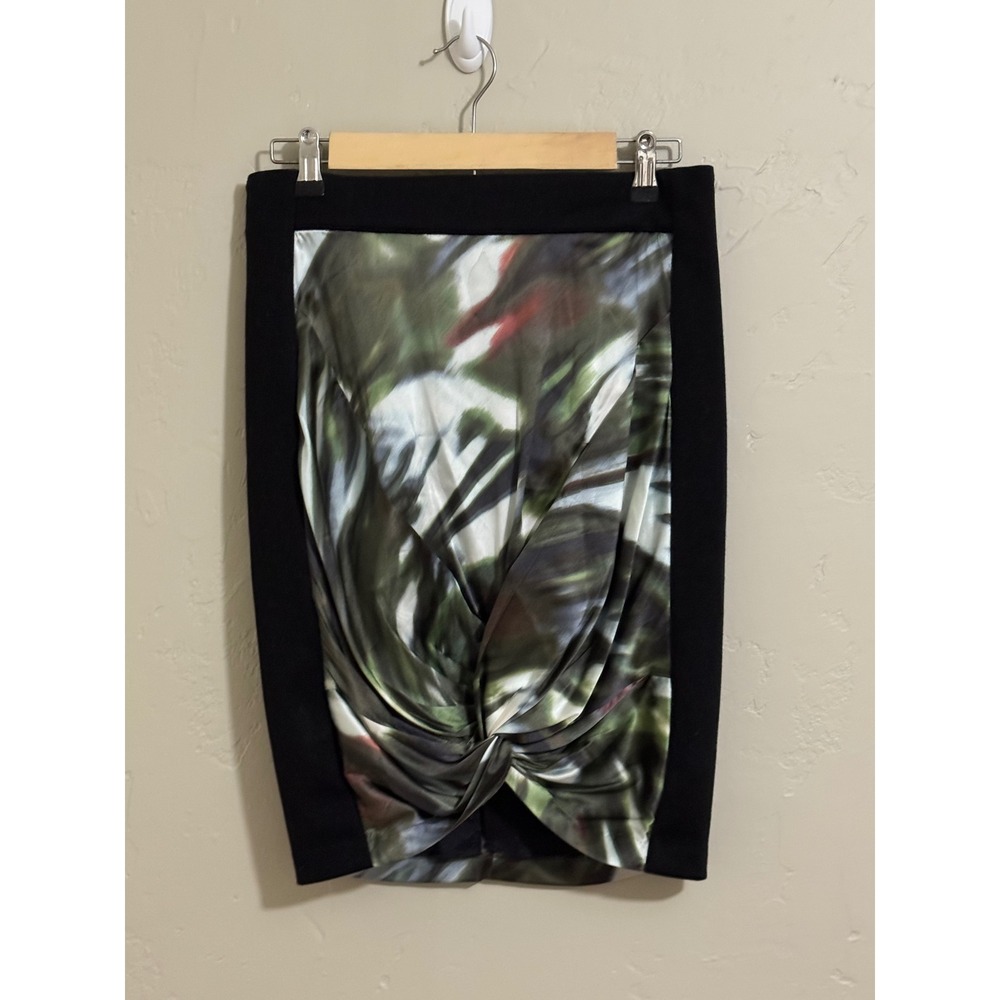 Karen Millen Skirt 6 Twist Knot Pencil Abstract Green Black Trim Work